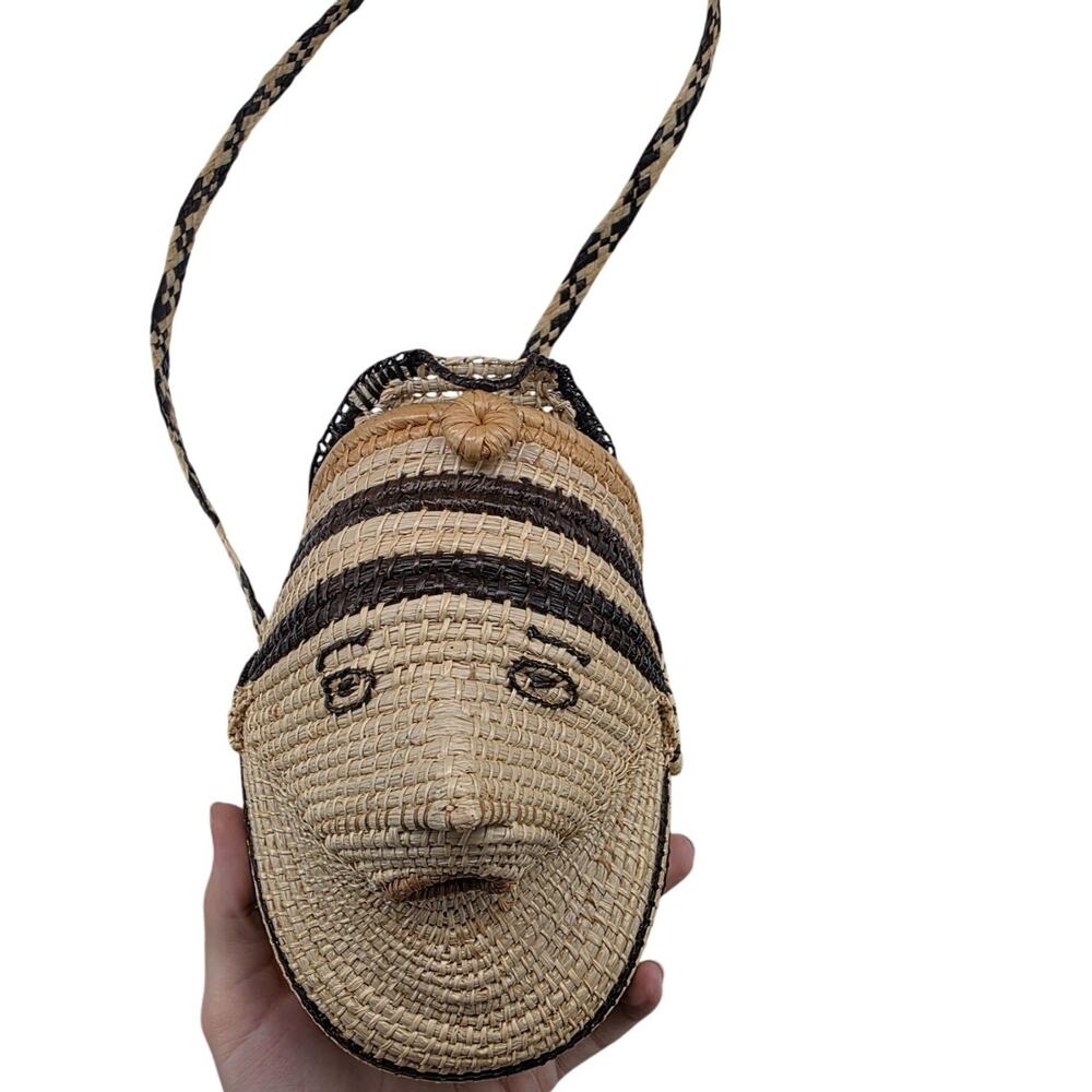 Panama Woven Figural Face Lidded Basket Medicine‎ Bag Purse Pouch